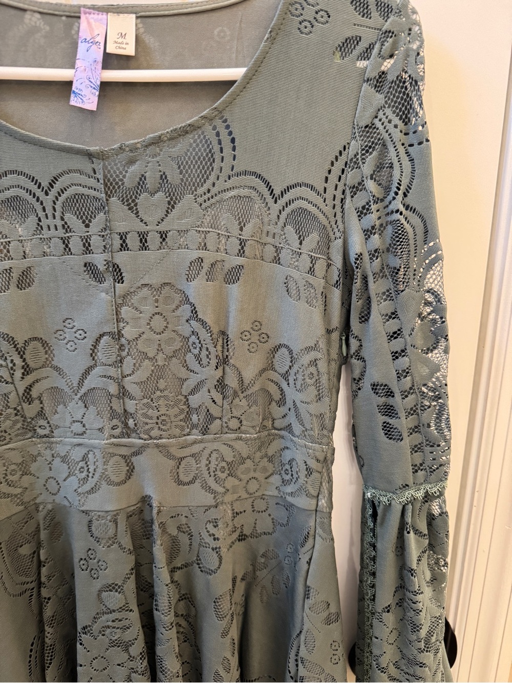 Alya Sage Lace Bell Sleeve A-Line Dress - Picture 4 of 5